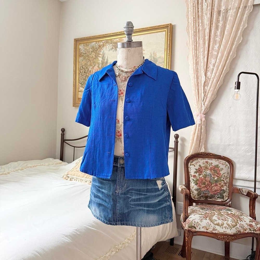 karin stevens petites royal blue short sleeve cropped blazer